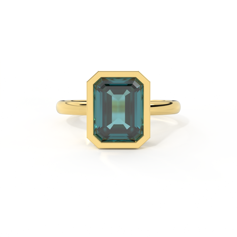 Bezel Emerald Teal Sapphire 18K Yellow Gold Ring