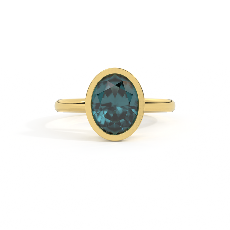 Bezel Oval Teal Sapphire 18K Yellow Gold Ring