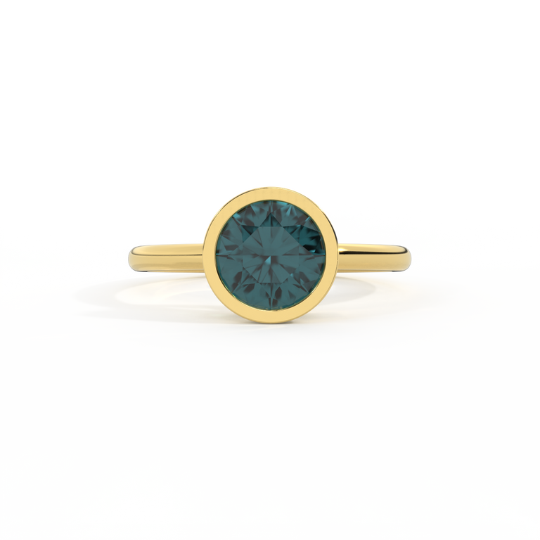 Bezel Round Teal Sapphire 18K Yellow Gold Ring