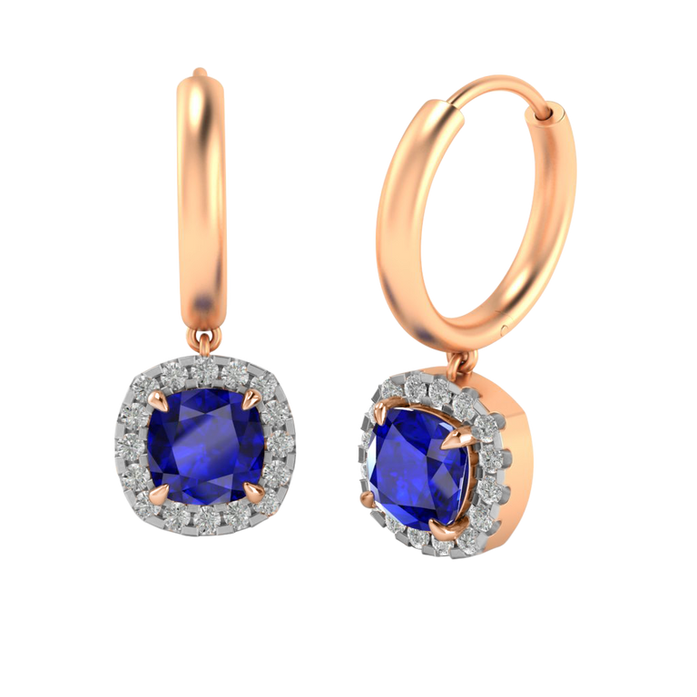 Classic Drop Cushion Blue Sapphire 18K Rose Gold Earrings