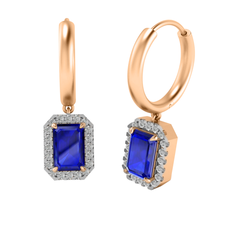 Classic Drop Emerald Blue Sapphire 18K Rose Gold Earrings