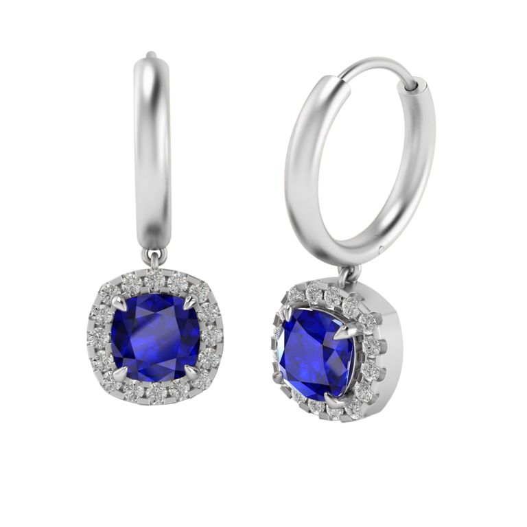 Classic Drop Cushion Blue Sapphire 18K White Gold Earrings