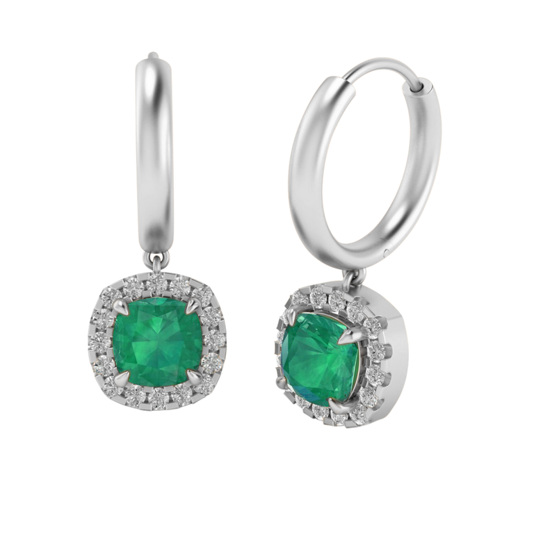 Classic Drop Cushion Emerald 18K White Gold Earrings