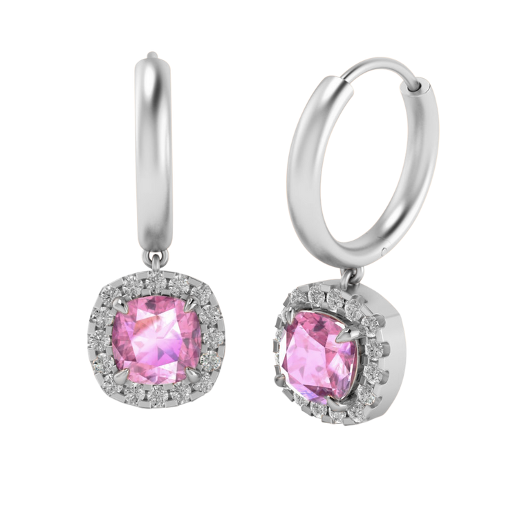 Classic Drop Cushion Pink Sapphire 18K White Gold Earrings