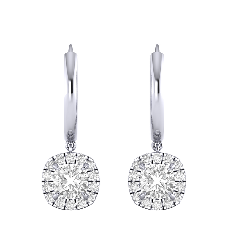 Classic Drop Cushion Solar Diamond 18K White Gold Earrings