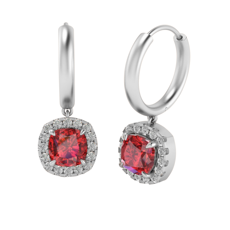 Classic Drop Cushion Ruby 18K White Gold Earrings