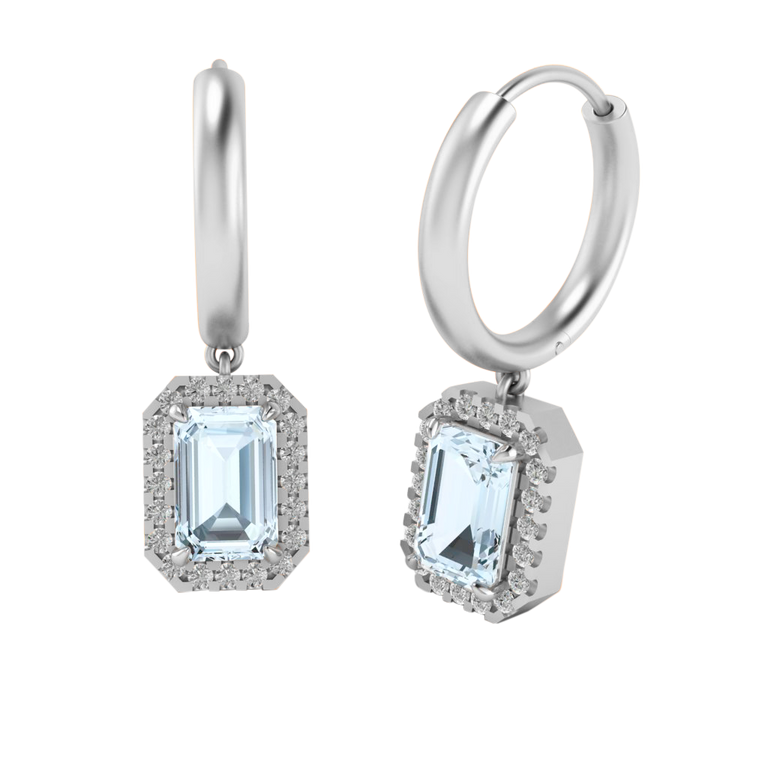 Classic Drop Emerald Aquamarine 18K White Gold Earrings