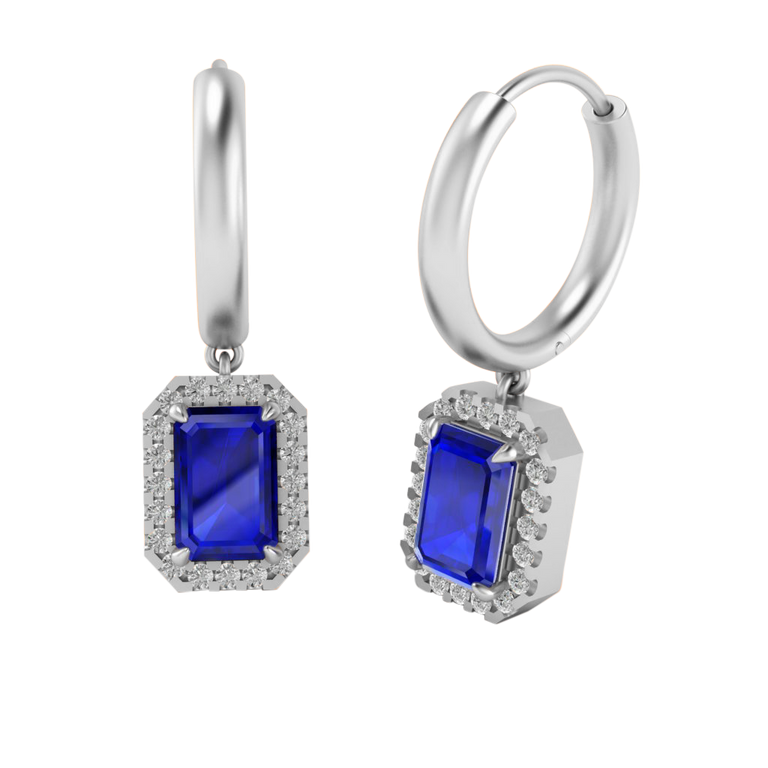 Classic Drop Emerald Blue Sapphire 18K White Gold Earrings
