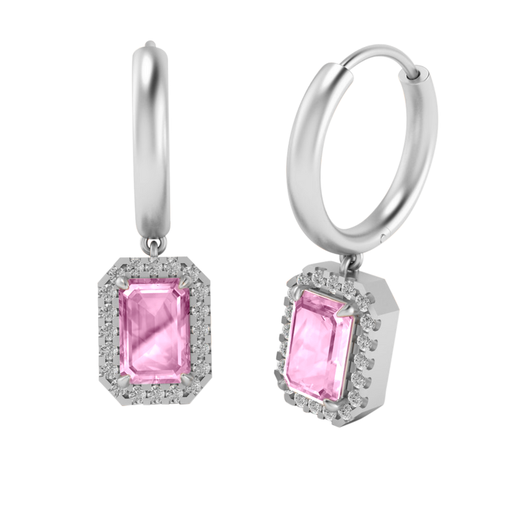 Classic Drop Emerald Pink Sapphire 18K White Gold Earrings