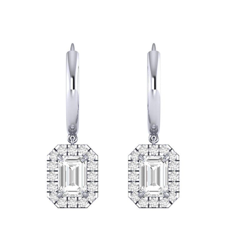 Classic Drop Emerald Solar Diamond 18K White Gold Earrings