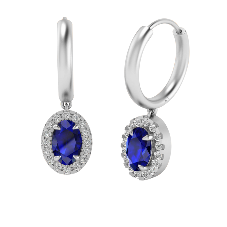 Classic Drop Oval Blue Sapphire 18K White Gold Earrings