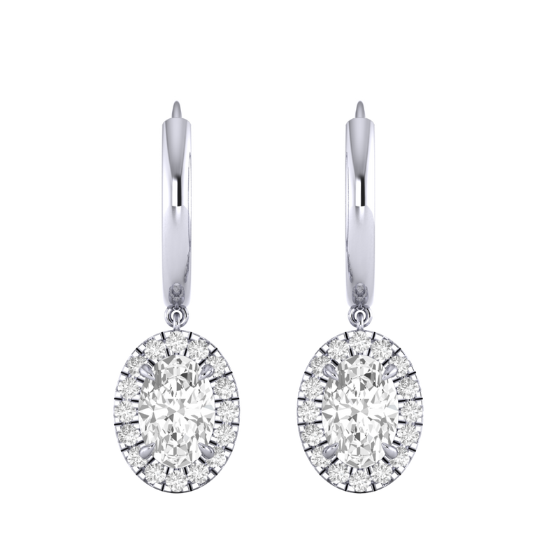 Classic Drop Oval Solar Diamond 18K White Gold Earrings