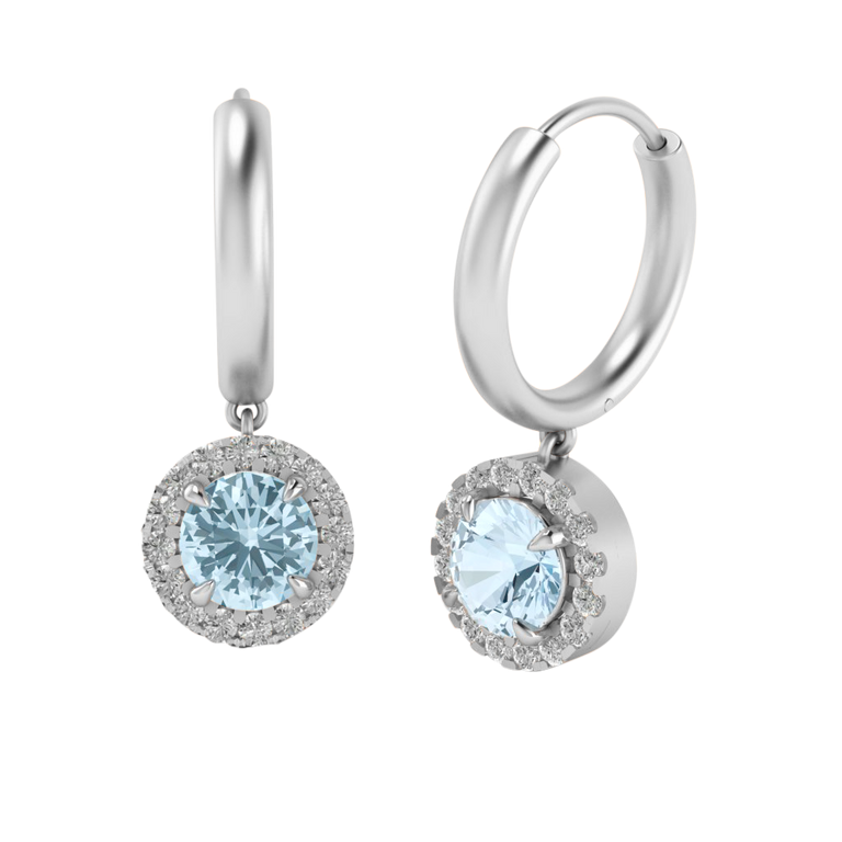 Classic Drop Round Aquamarine 18K White Gold Earrings