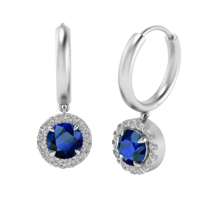 Classic Drop Round Blue Sapphire 18K White Gold Earrings