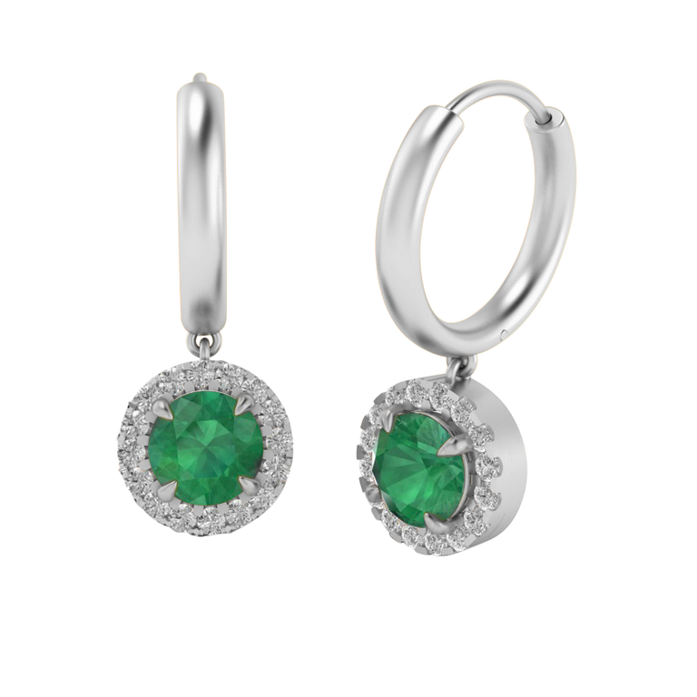 Classic Drop Round Emerald 18K White Gold Earrings