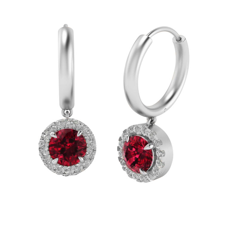 Classic Drop Round Garnet 18K White Gold Earrings