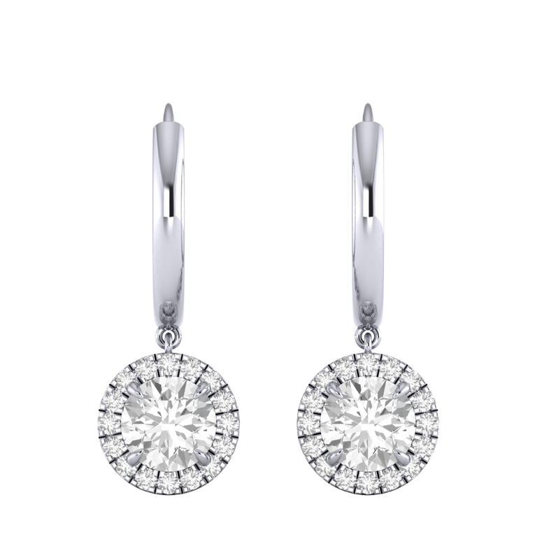 Classic Drop Round Solar Diamond 18K White Gold Earrings
