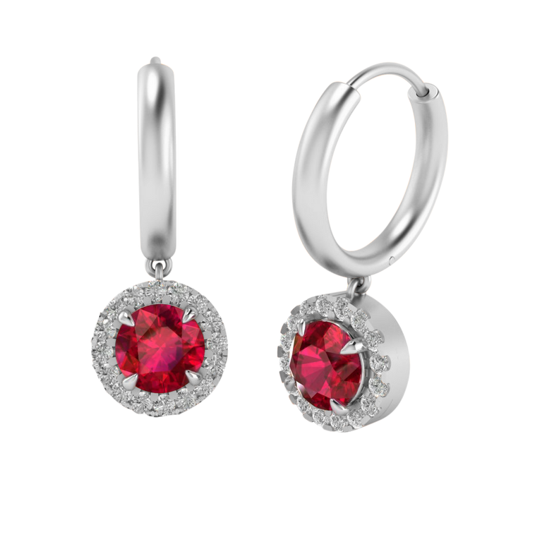 Classic Drop Round Ruby 18K White Gold Earrings