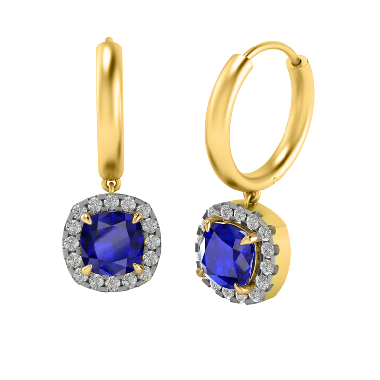 Classic Drop Cushion Blue Sapphire 18K Yellow Gold Earrings