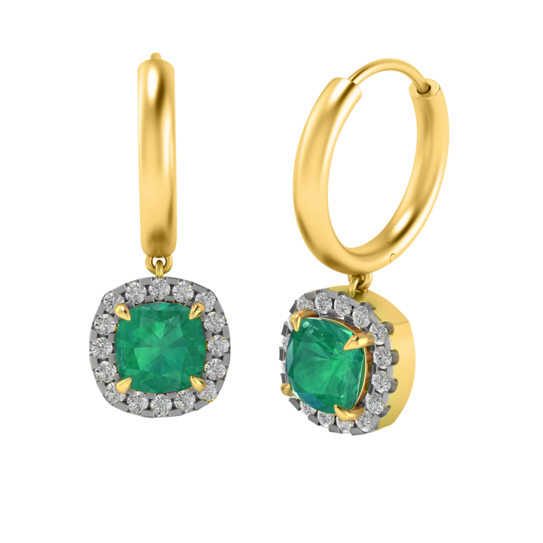 Classic Drop Cushion Emerald 18K Yellow Gold Earrings