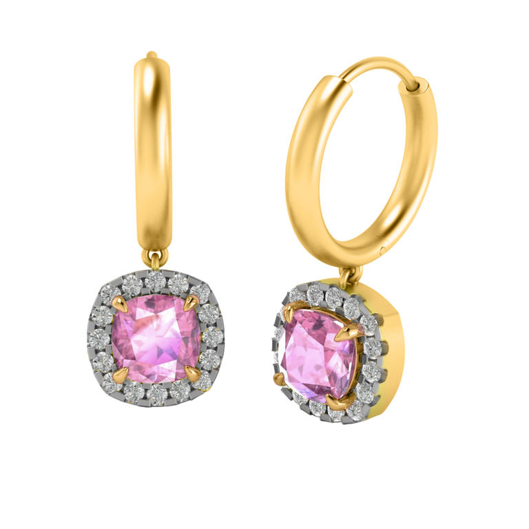 Classic Drop Cushion Pink Sapphire 18K Yellow Gold Earrings