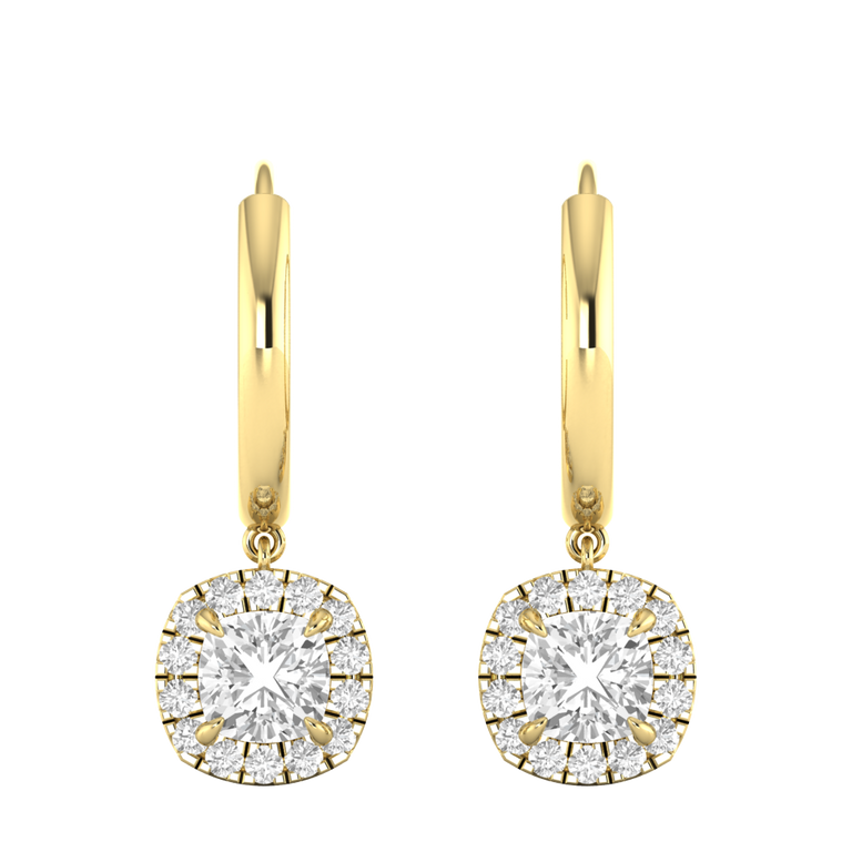 Classic Drop Cushion Solar Diamond 18K Yellow Gold Earrings