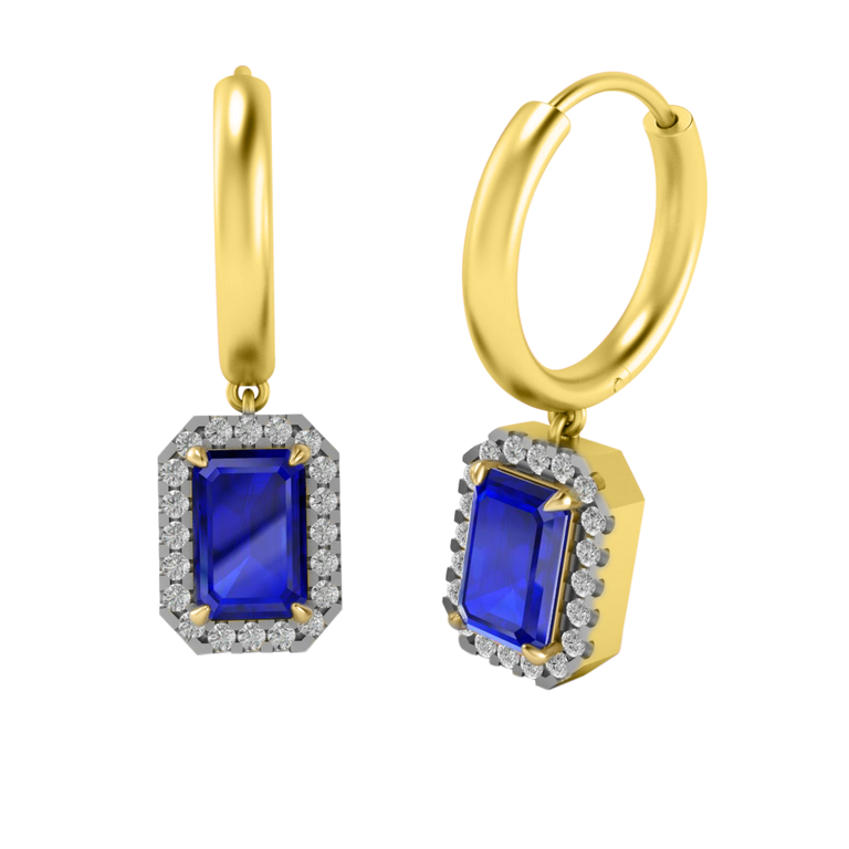 Classic Drop Emerald Blue Sapphire 18K Yellow Gold Earrings