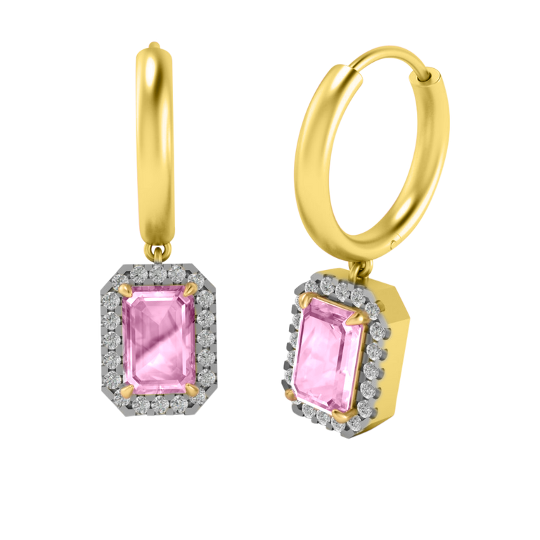 Classic Drop Emerald Pink Sapphire 18K Yellow Gold Earrings