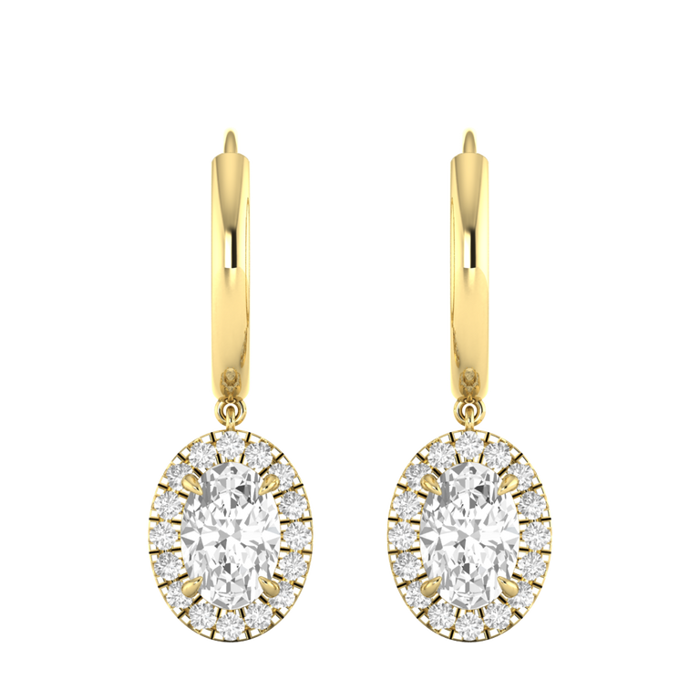 Classic Drop Oval Solar Diamond 18K Yellow Gold Earrings
