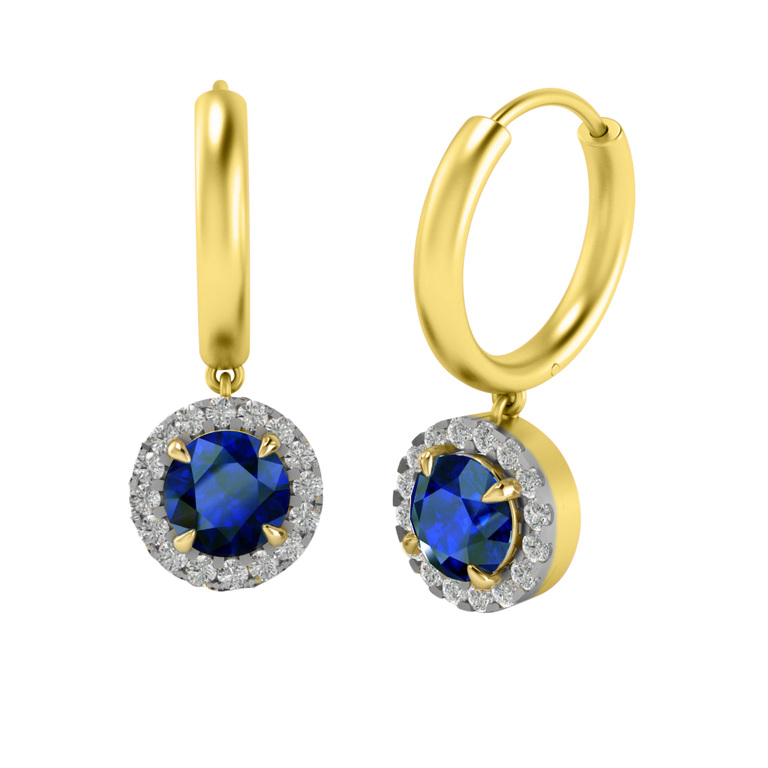 Classic Drop Round Blue Sapphire 18K Yellow Gold Earrings
