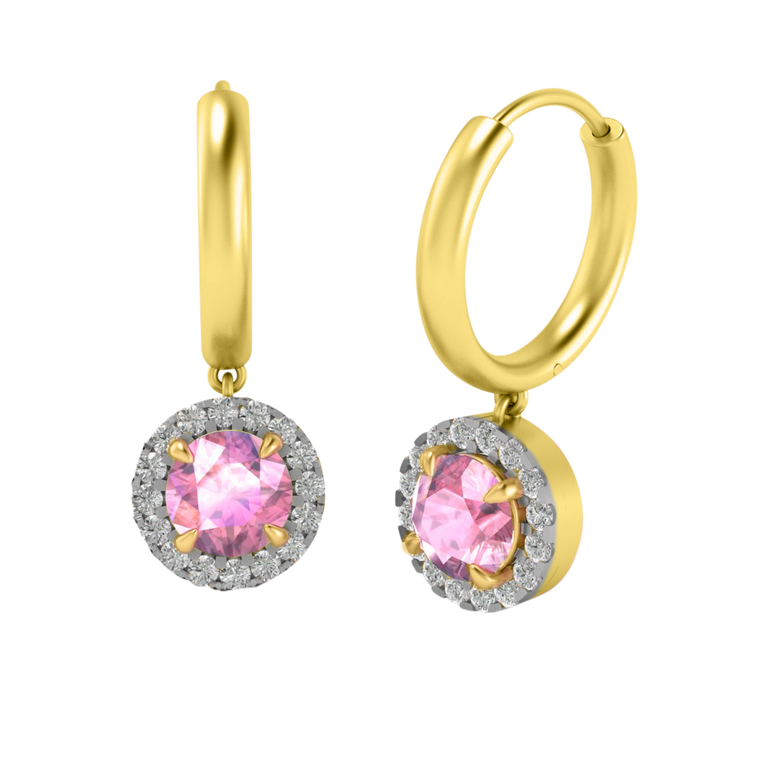 Classic Drop Round Pink Sapphire 18K Yellow Gold Earrings
