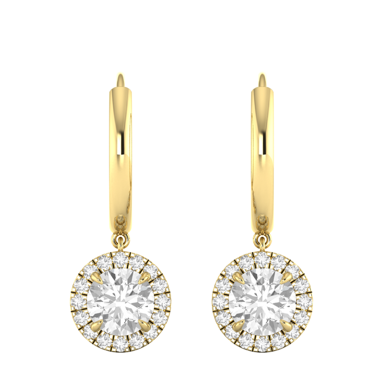 Classic Drop Round Solar Diamond 18K Yellow Gold Earrings