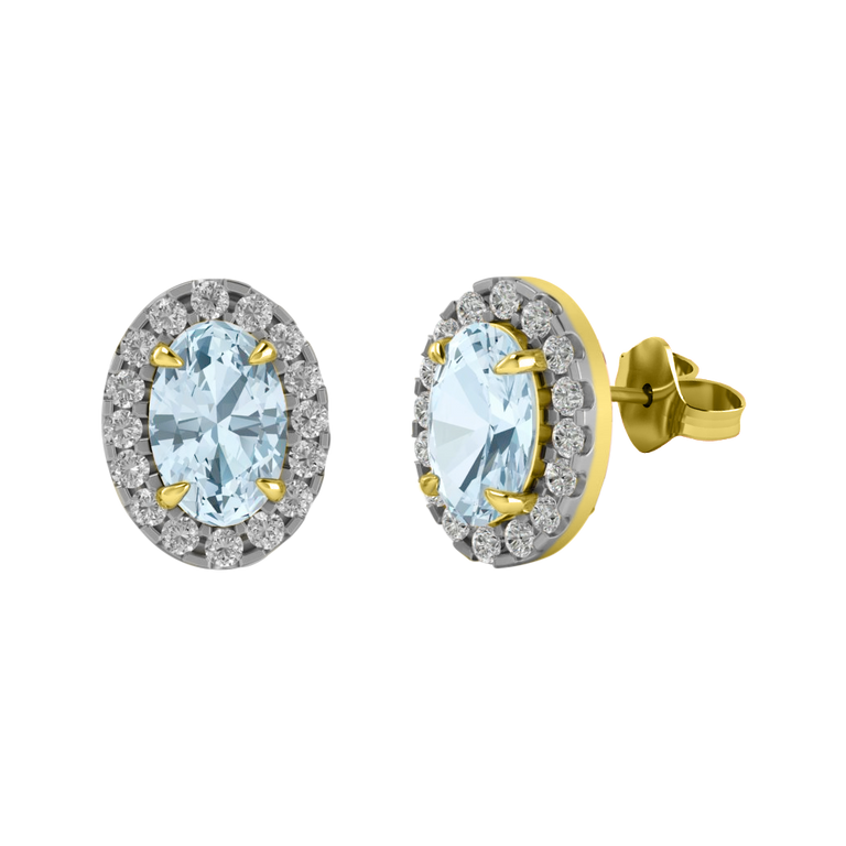 Treasure Box Halo Stud Oval Aquamarine 18K Yellow Gold Earrings