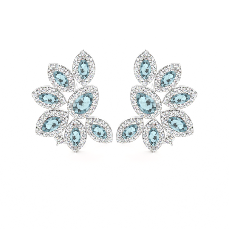 Treasure Box Cluster Stud Aquamarine Earrings 18K White Gold