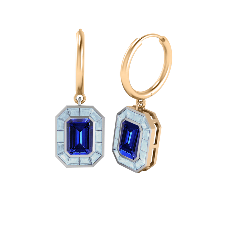 Deco Drop Emerald Blue Sapphire 18K Rose Gold Earrings