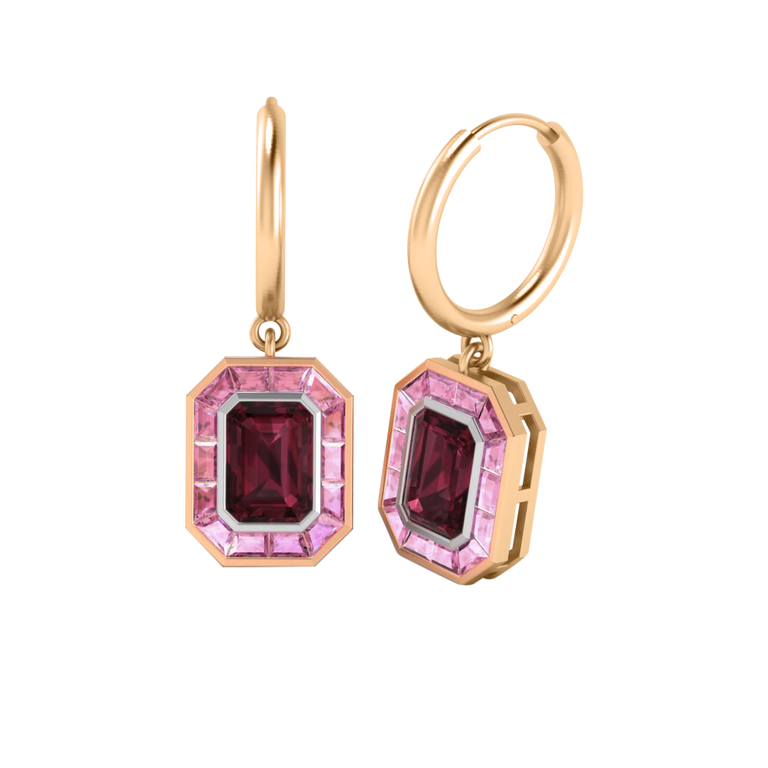 Deco Drop Emerald Garnet 18K Rose Gold Earrings