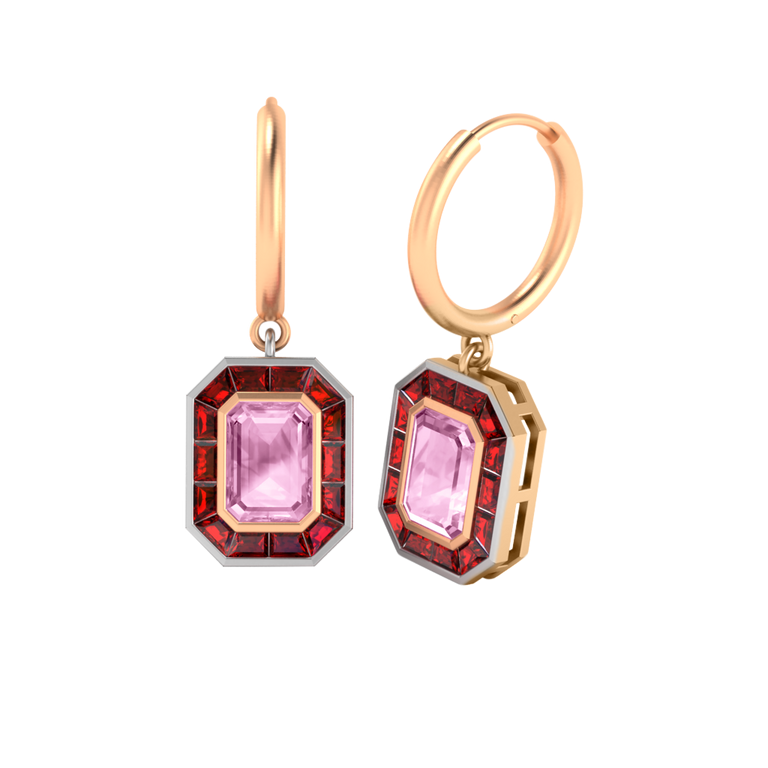 Deco Drop Emerald Pink Sapphire 18K Rose Gold Earrings