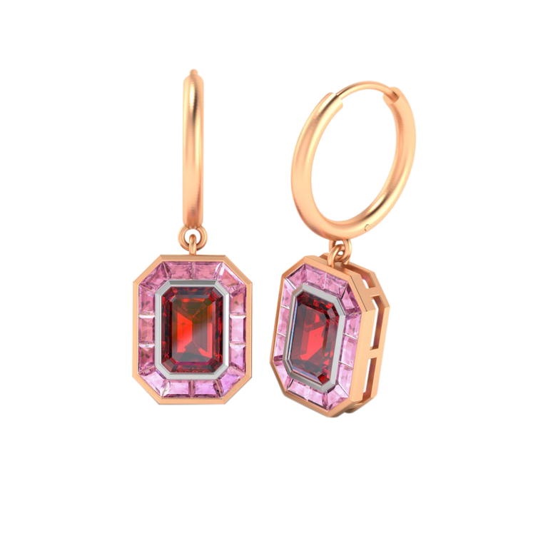 Deco Drop Emerald Ruby 18K Rose Gold Earrings