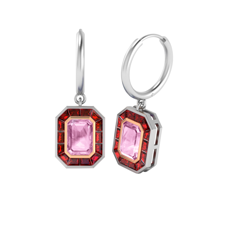 Deco Drop Emerald Pink Sapphire 18K White Gold Earrings