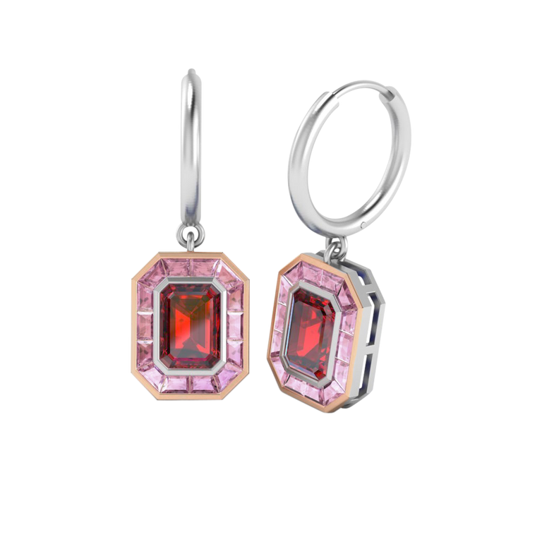 Deco Drop Emerald Ruby 18K White Gold Earrings