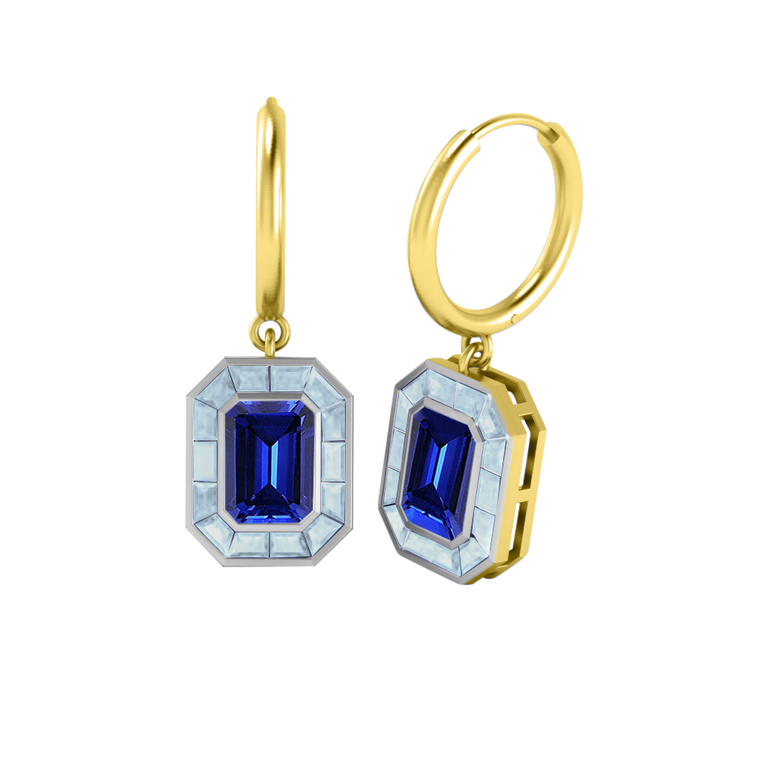 Deco Drop Emerald Blue Sapphire 18K Yellow Gold Earrings