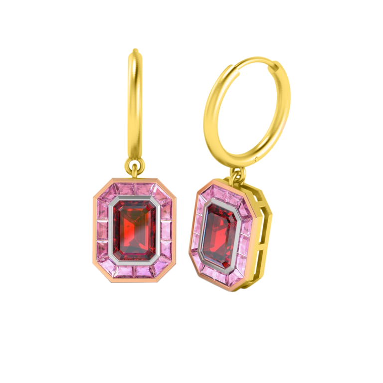 Deco Drop Emerald Ruby 18K Yellow Gold Earrings