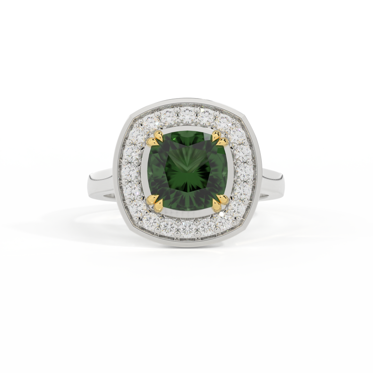 Deco Cushion Green Sapphire Platinum Ring
