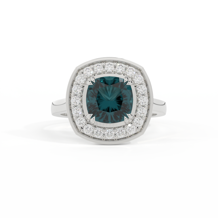 Deco Cushion Teal Sapphire Platinum Ring