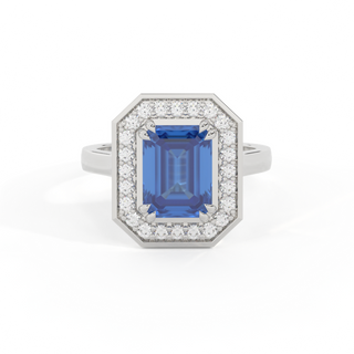 Deco Emerald Blue Sapphire Platinum Ring
