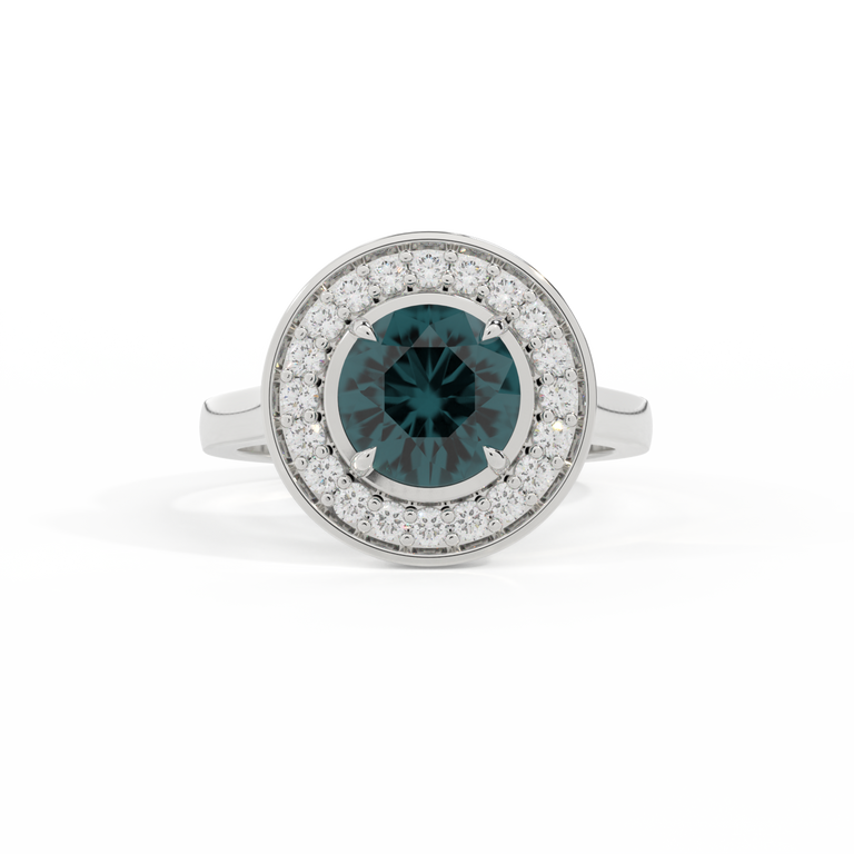 Deco Round Teal Sapphire Platinum Ring