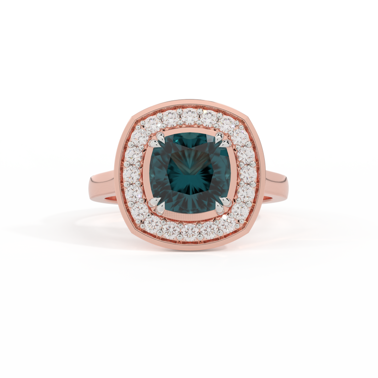 Deco Cushion Teal Sapphire 18K Rose Gold Ring