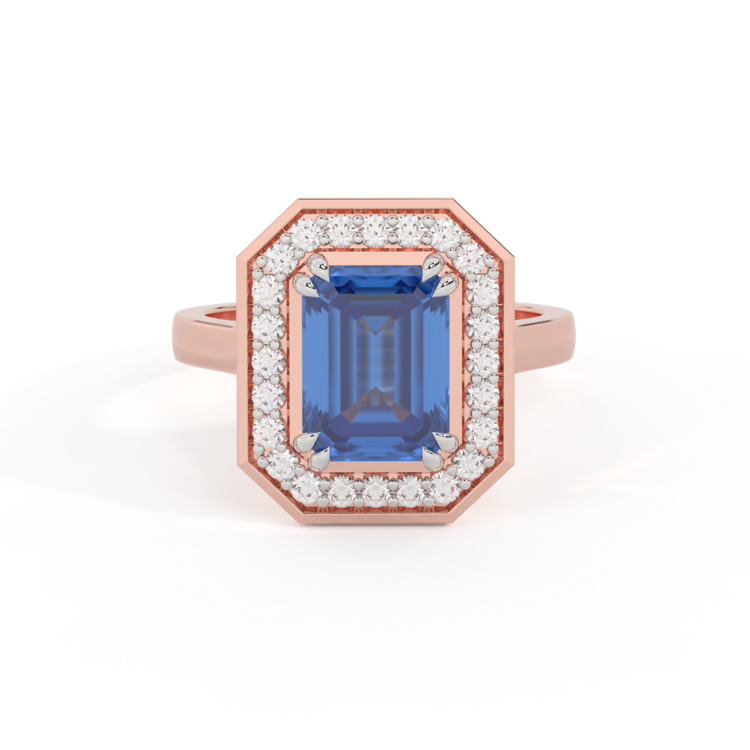 Deco Emerald Blue Sapphire 18K Rose Gold Ring