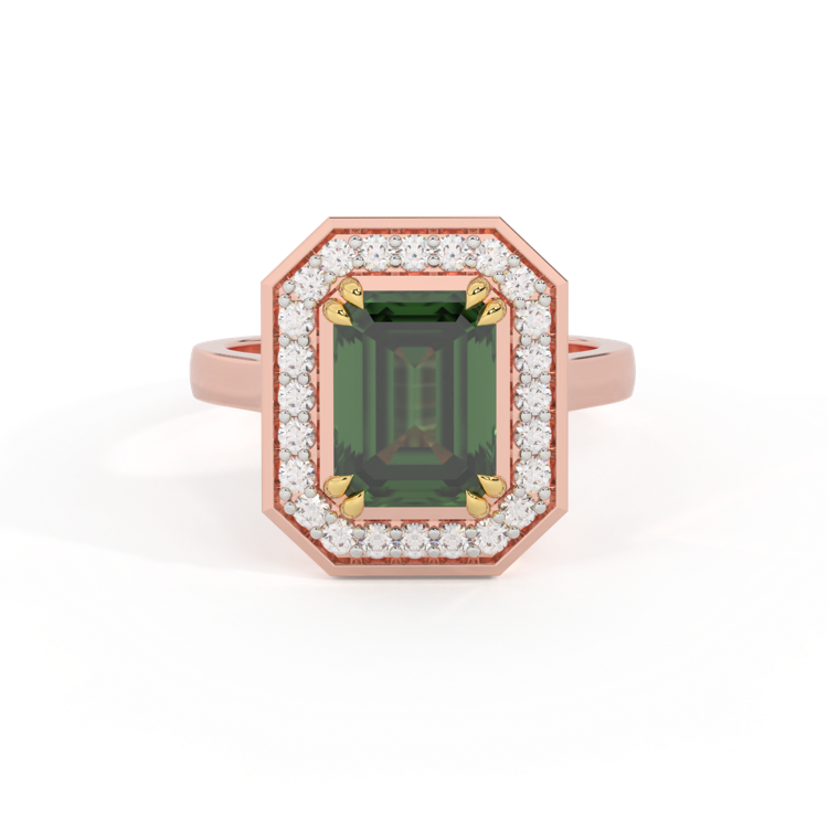Deco Emerald Green Sapphire 18K Rose Gold Ring