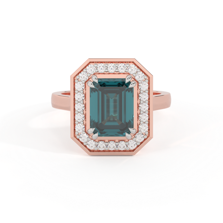 Deco Emerald Teal Sapphire 18K Rose Gold Ring